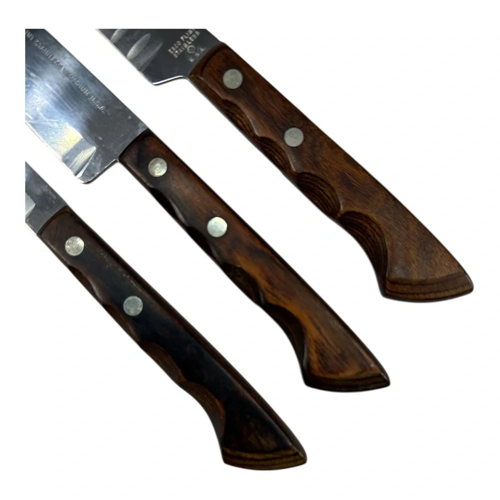 3 Vtg Ekco Flint Arrowhead Vanadium Ergonomic Wood Handle Carving Chef Knives